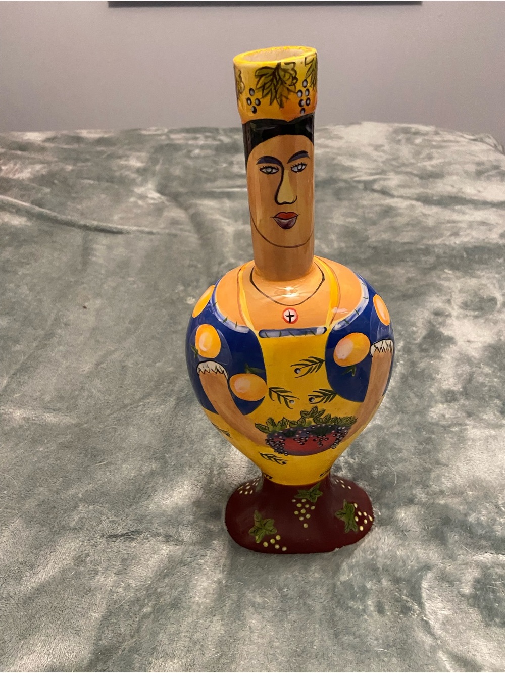 Hand-Painted Yellow & Blue Ceramic Art Vase with Figurative Motif